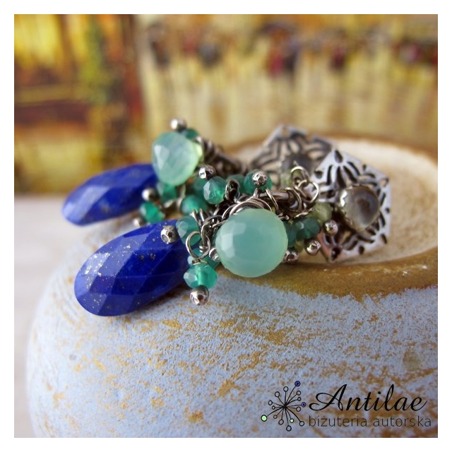 Długie, romantyczne kolczyki z lapis lazuli i zielonym onyksem, antilae